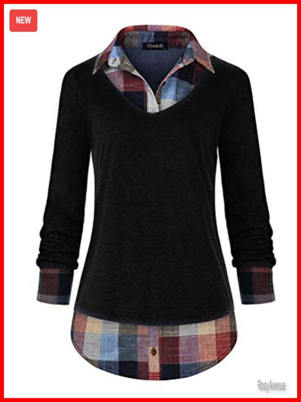 Women's 2 in 1 Pullover Top Plaid Collared Curved Hem Tunic Blouse